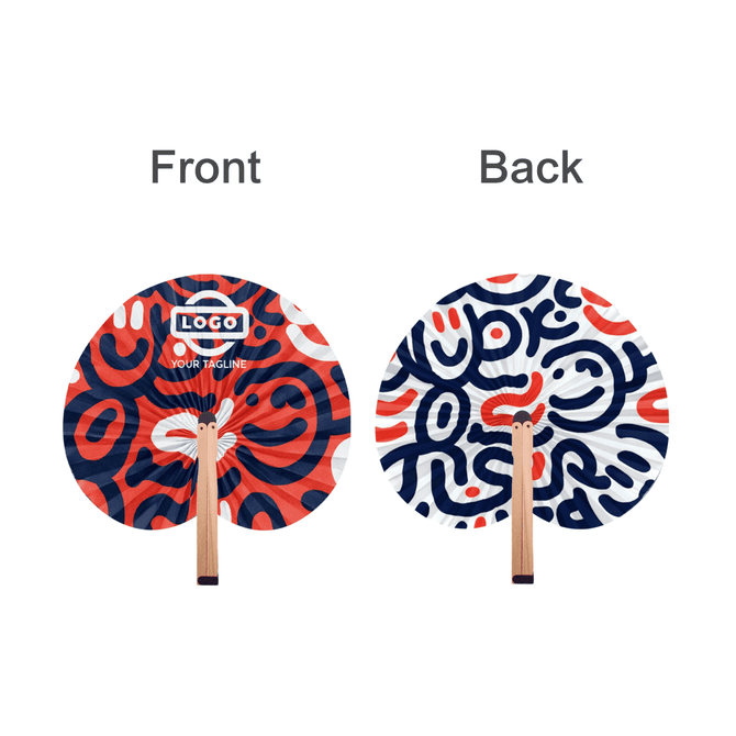 A peach-shaped wooden paper fan featuring a colourful design in navy, red, and white, with a logo on the front.