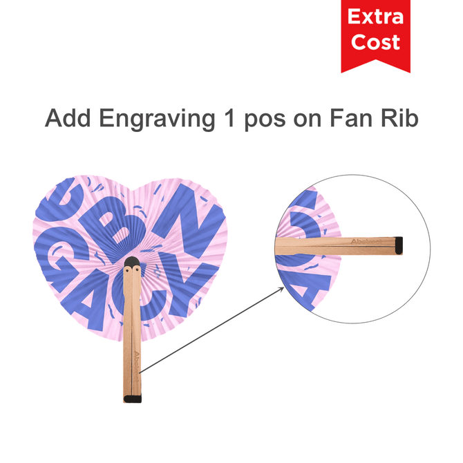 A heart-shaped wooden paper fan featuring a pink design and a wooden handle, with an engraving option available.