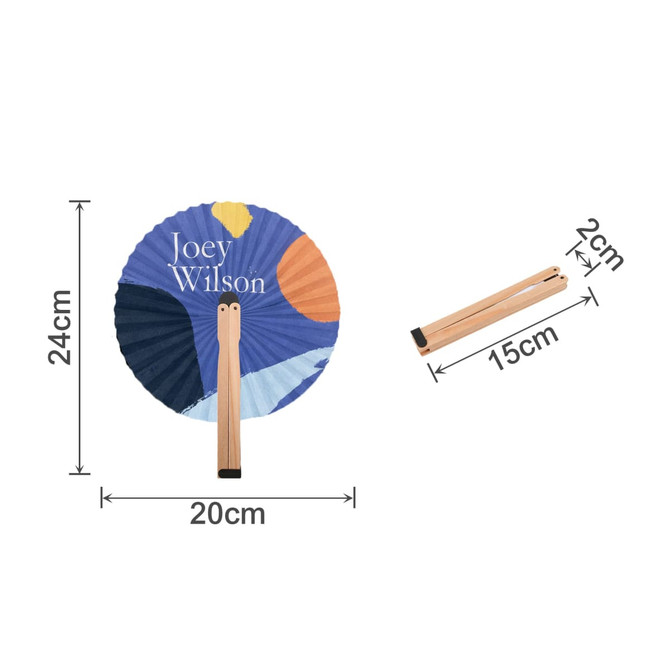 A round wooden paper fan featuring a colourful design with a wooden handle, dimensions specified.