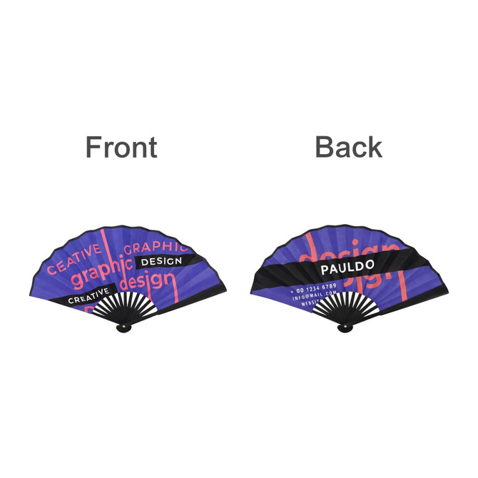 A purple bamboo hand fan with graphic design elements on both sides, featuring a logo on the back.