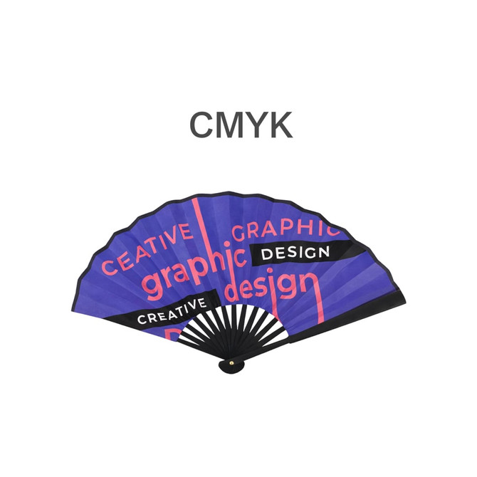 An 8-inch bamboo fabric hand fan in vibrant purple, featuring creative graphic design elements and a black handle.