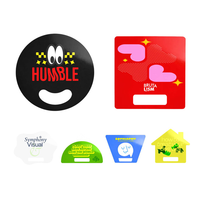 Custom shape paper fans in various colours, featuring different designs and logos, without handles.