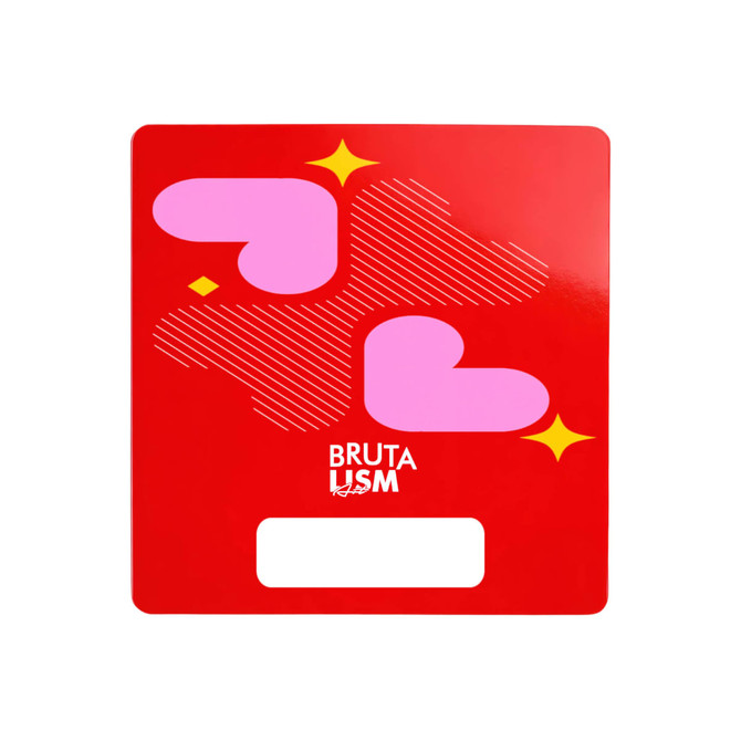 A custom shape paper fan in red with pink abstract heart designs and a logo at the bottom.