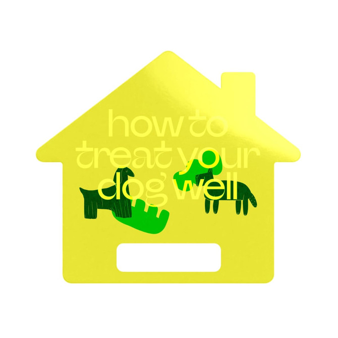 A custom-shaped paper fan in yellow featuring illustrations of dogs, with a house silhouette. It has a branding logo.