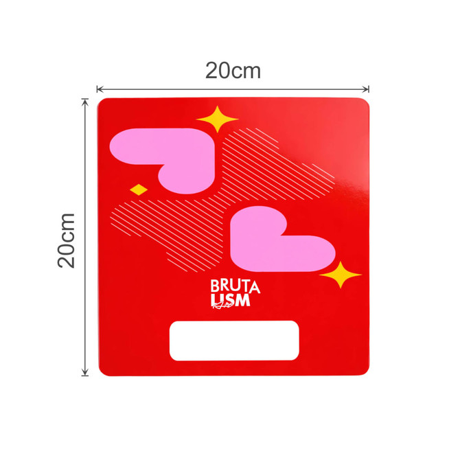 A red custom-shaped paper fan featuring pink heart designs and abstract patterns with a branding logo.