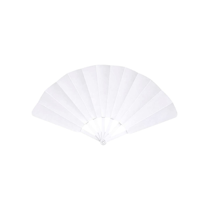 A plastic hand fan is displayed, featuring multiple white panels and a circular base for easy handling.