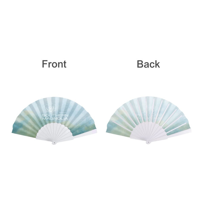 A fabric hand-held fan with a gradient design in shades of blue and white, featuring a logo on one side.