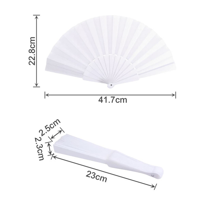 A white fabric hand-held fan with a folding design, featuring measurements of 41.7 cm by 22.8 cm when fully opened.