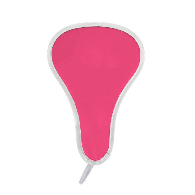 A foldable event fan in bright pink with a white border, featuring a handle and a logo.