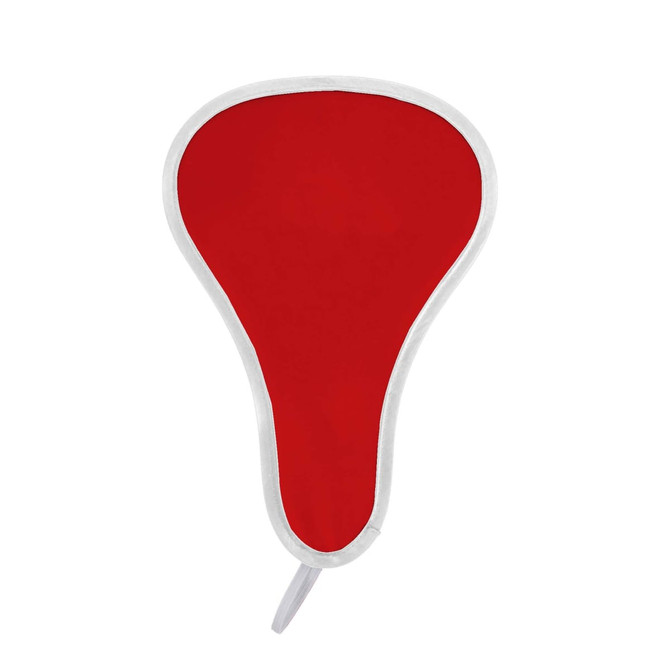 A red foldable event fan with a white trim and a handle. It features a logo or branding.