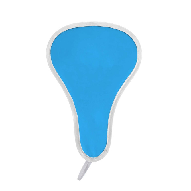 A foldable event fan in bright blue with a white border, featuring a sturdy handle and a logo.