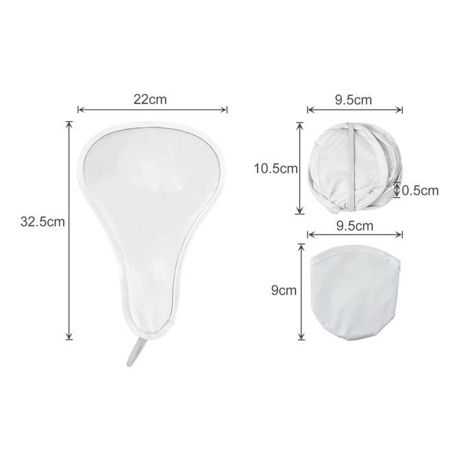 A foldable fan in white, displaying dimensions and featuring a compact design for easy storage.