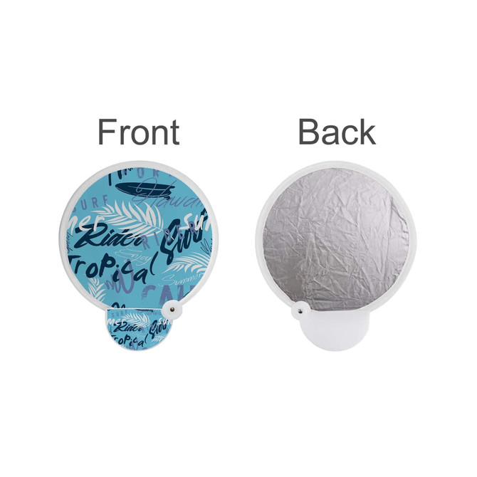 A foldable fan featuring a blue tropical design on one side and a reflective silver surface on the other.