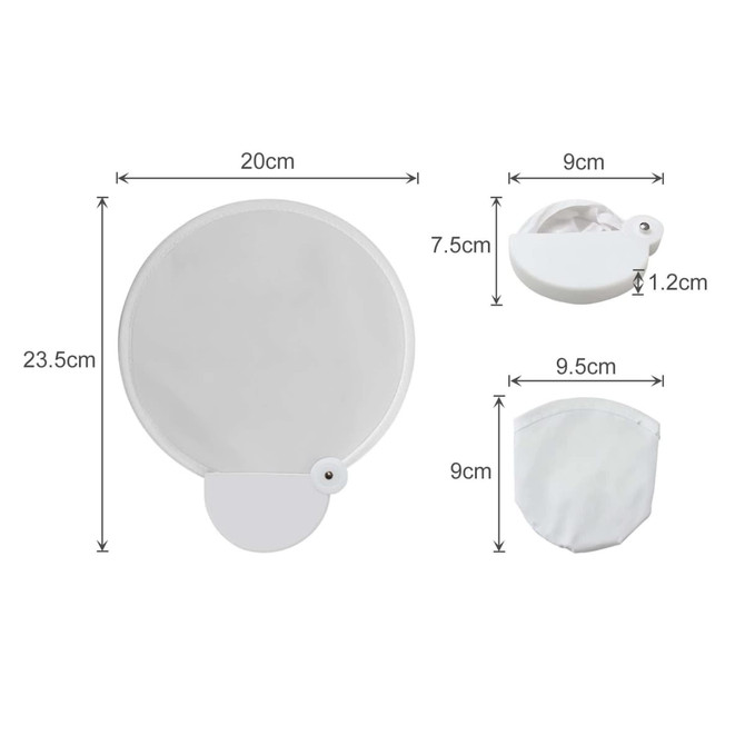 A 20cm foldable fan in white, featuring a reflective surface and a compact design for easy storage.