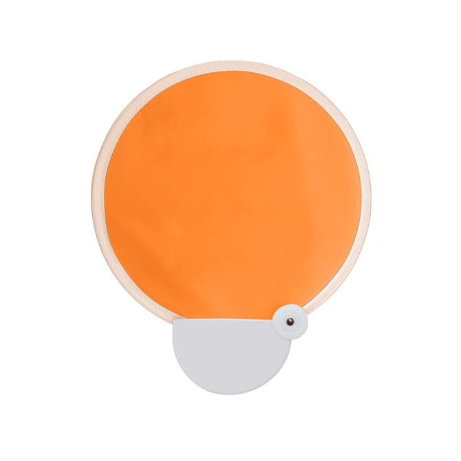 An orange 20cm foldable fan featuring a white base and a button for opening and closing.