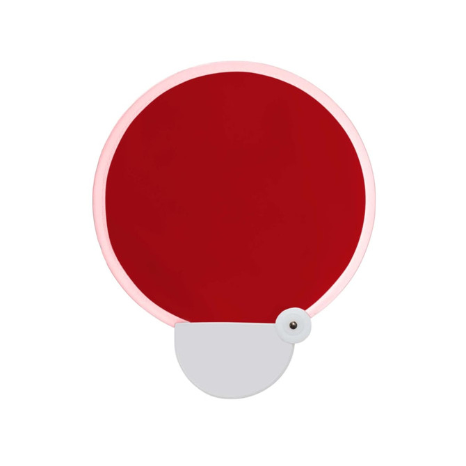A 20cm foldable fan featuring a red fabric surface with a white handle. It has a circular shape and a logo.