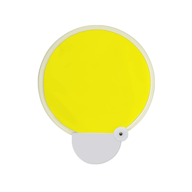 A 20cm foldable fan in bright yellow with a white handle and a small branding logo.