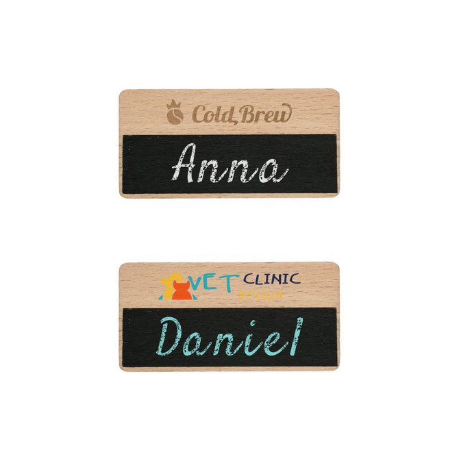 Two wooden chalkboard name badges, featuring a light wood finish with black erasable chalkboard areas.