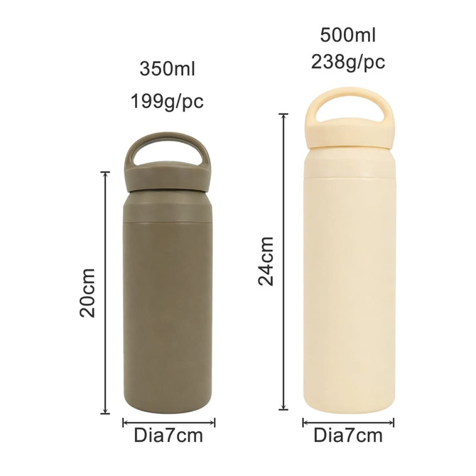 A drink bottle duo featuring a 350ml olive green option and a 500ml beige option, both with handles and a logo.