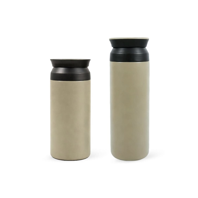 A drink bottle set featuring two double wall stainless steel bottles in a beige and black colour scheme, with a logo.