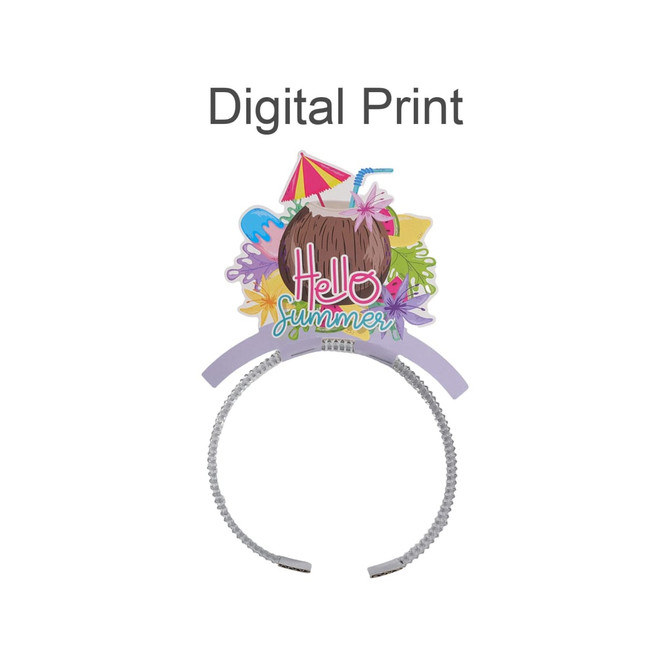 A headband with a purple band and a colourful summer-themed decoration featuring tropical elements.
