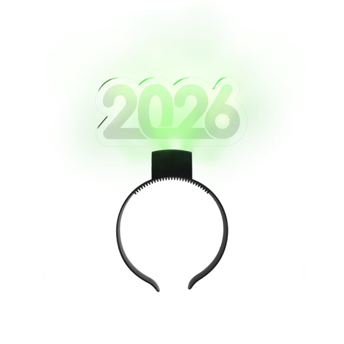 A green illuminated acrylic headband featuring the number "2026" on top. The headband has a black base.