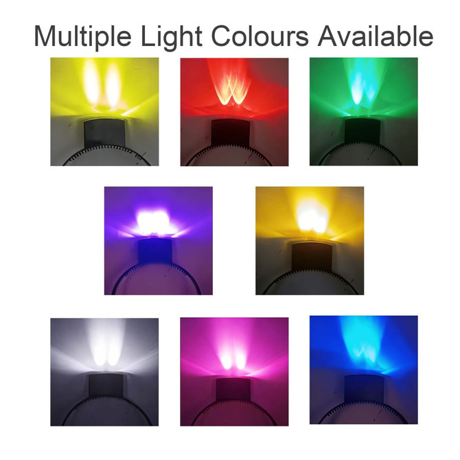 A headband with an acrylic sign, featuring multiple light colours including yellow, green, purple, and blue.