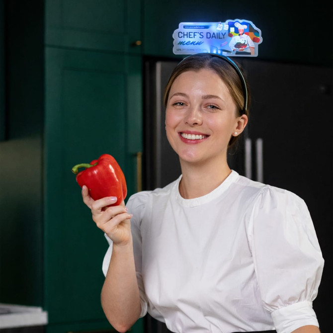 A woman in a white top holds a red bell pepper while wearing a light-up acrylic sign headband. The headband has a logo.