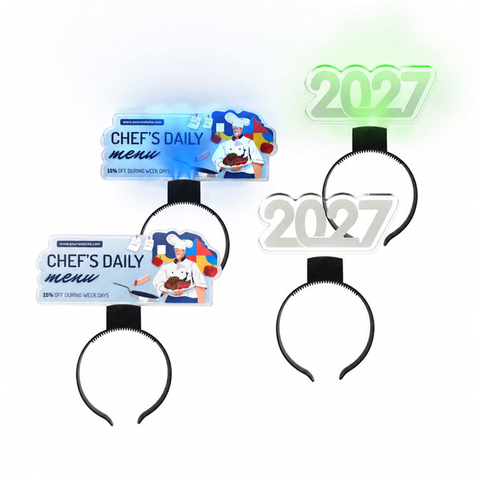 Light up acrylic sign headbands featuring a black band and green illuminated design, including a logo on the packaging.