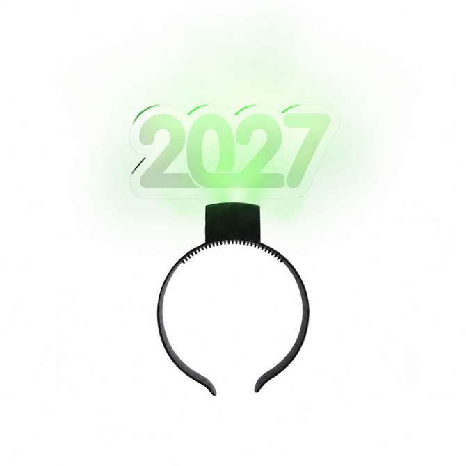 A green light-up acrylic sign headband featuring the number "2027" on a black headband.