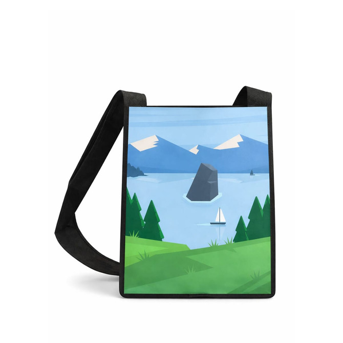 A custom sublimation crossbody bag featuring a scenic landscape with mountains, water, and trees in vibrant colours.