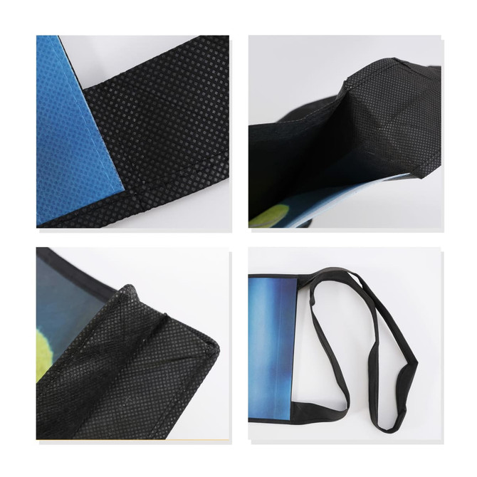 A custom sublimation crossbody bag featuring a blue and black design with a textured strap and interior.