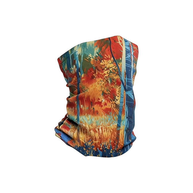 A vibrant, multi-coloured brushed Lycra warm gaiter showcasing autumn foliage in reds, oranges, and blues, featuring a logo.