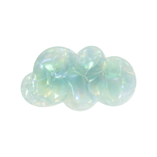 An iridescent alligator hair clip in a soft cloud shape, featuring shades of pastel blue and green.