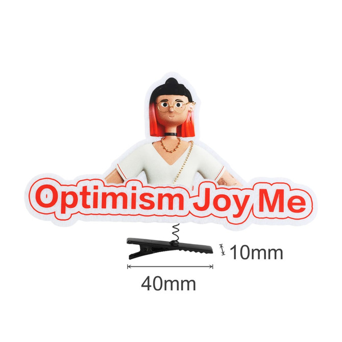 A colourful promotional clip featuring a character with red hair and a white outfit, labelled "Optimism Joy Me".