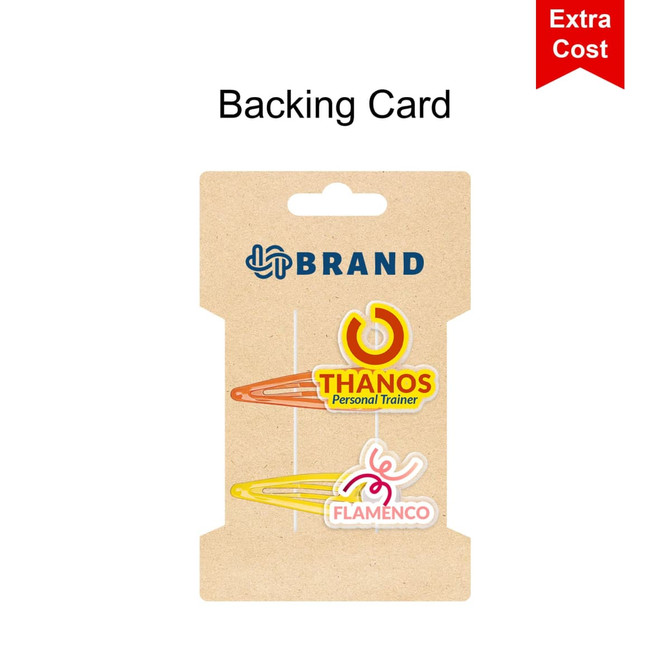 A backing card with two colourful hair clips in yellow and orange, featuring logos.