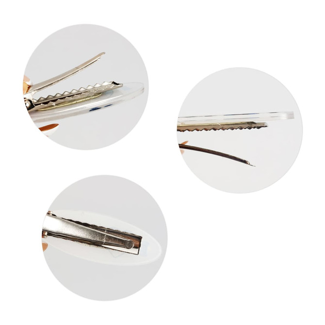 An oval acrylic hair clip with a clear finish and metallic clasp, featuring three different angles.