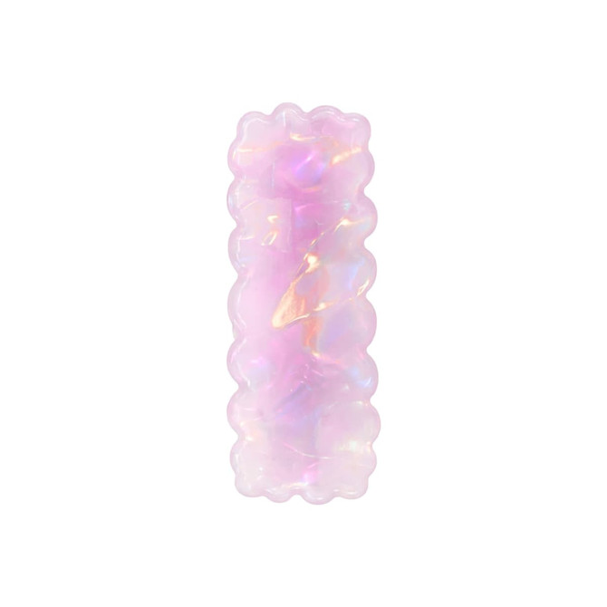 A wavy rectangle hair clip in iridescent pink with a glossy finish, featuring a subtle shimmer.