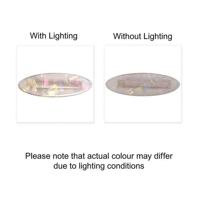 An iridescent alligator hair clip shown with and without lighting, displaying pastel shades. The clip features a logo.