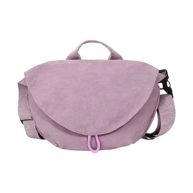 A pink casual crossbody bag with a flap closure and an adjustable strap, featuring a logo.