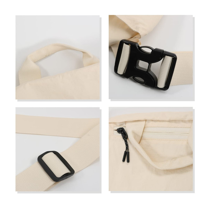 A beige crossbody bag featuring a sturdy buckle, adjustable strap, and a zippered pocket. It includes additional stitching for durability.