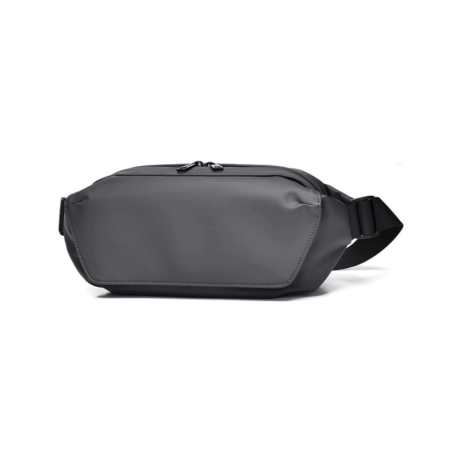 A grey fanny pack with a sleek design and adjustable strap, featuring a zippered compartment.