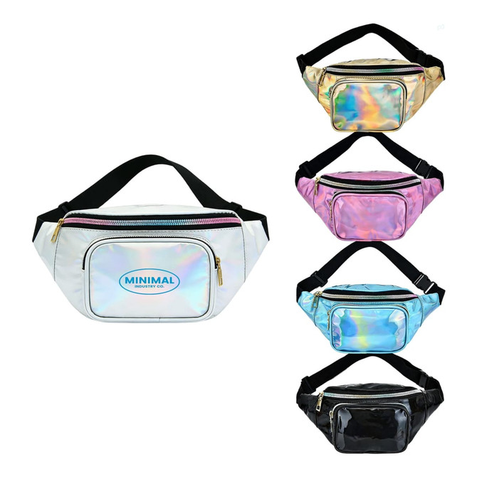 Holographic waist bags in white, pink, blue, and black, featuring a zippered front pocket and a logo.