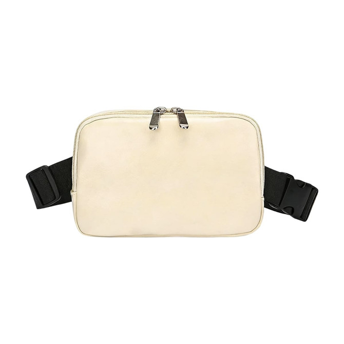 A cream polyurethane fanny pack with a zippered closure and adjustable black straps. It features a logo on the surface.