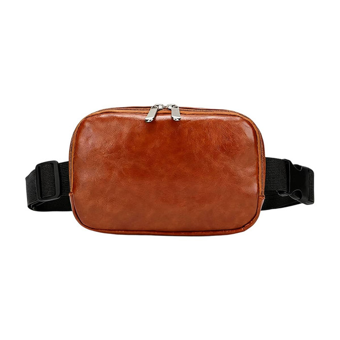 A brown polyurethane fanny pack with a zippered closure and an adjustable black strap.