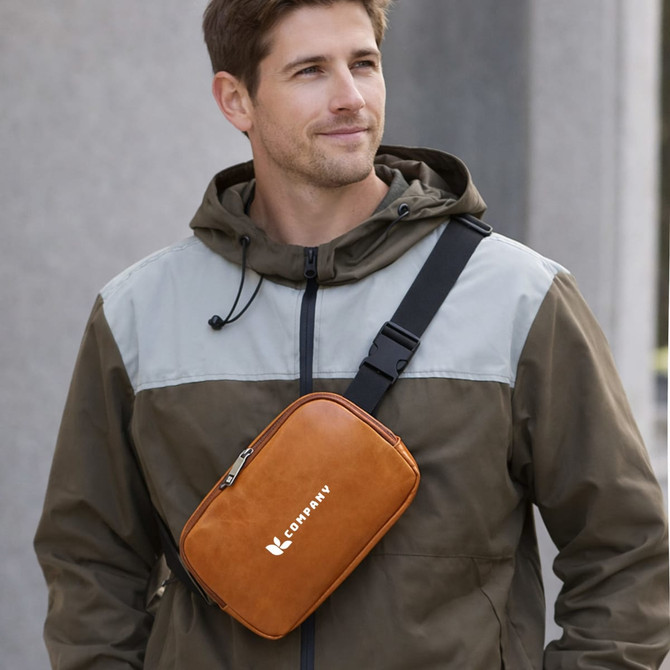 A polyurethane fanny pack in brown, worn across the chest of a man in a grey and olive green jacket.