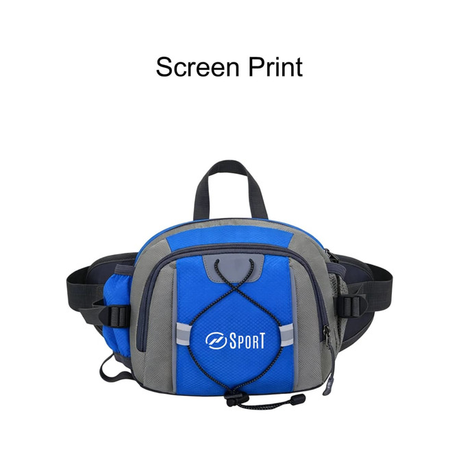 A drink bottle holder bag in blue and grey with adjustable straps and a logo on the front.