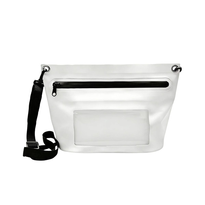 A white PVC crossbody phone bag with a black zipper and strap, featuring a clear pocket on the front.