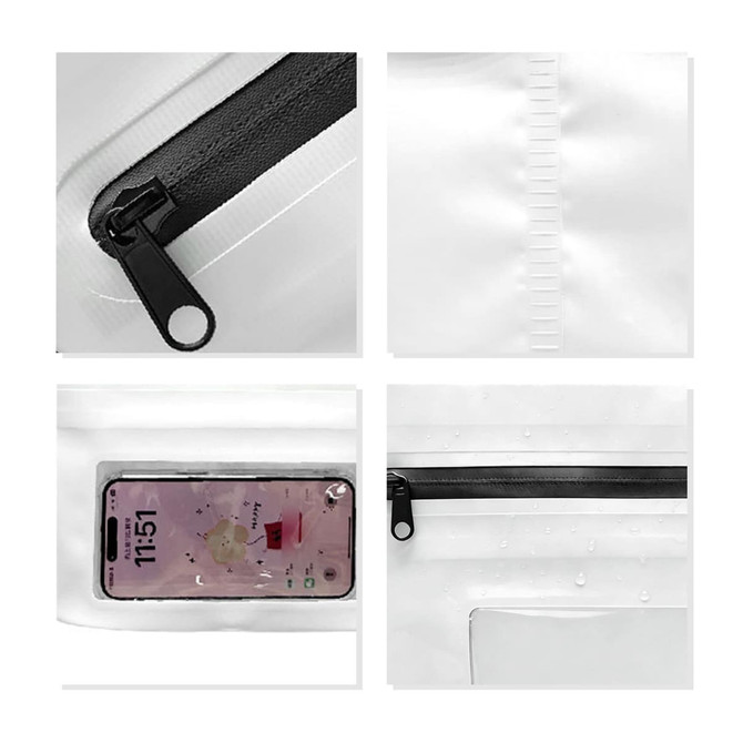 A PVC crossbody phone bag in white with a black zipper, featuring a phone pocket and a waterproof design.