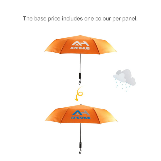 A 23'' orange colour-changing umbrella with a logo, featuring a curved handle for easy grip.